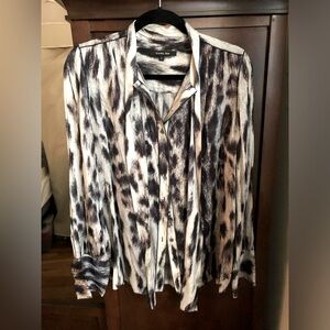 RACHEL ROY Silk Blend Tie Neck Blouse in Abstract Leopard Animal Print (LARGE)